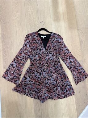 BCBGeneration Black Floral V-Neck Romper with Dusty Rose & Lavender Accents